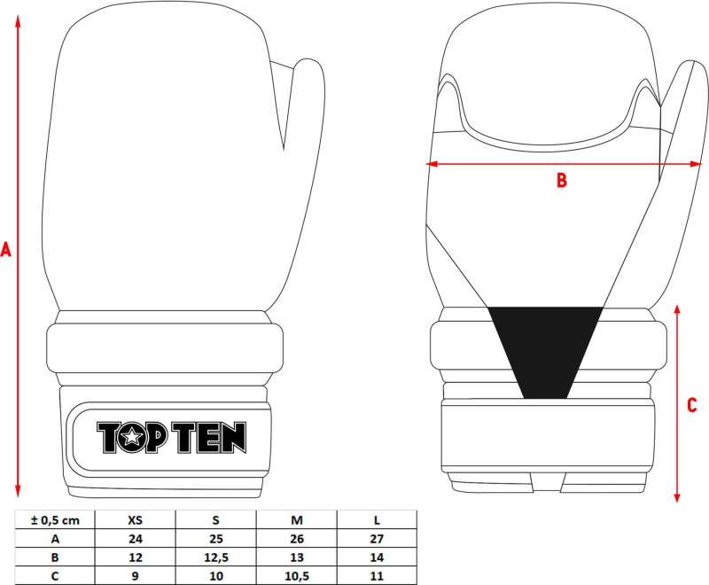 Handschoenen TOP TEN Pointfighter Block Maattabel