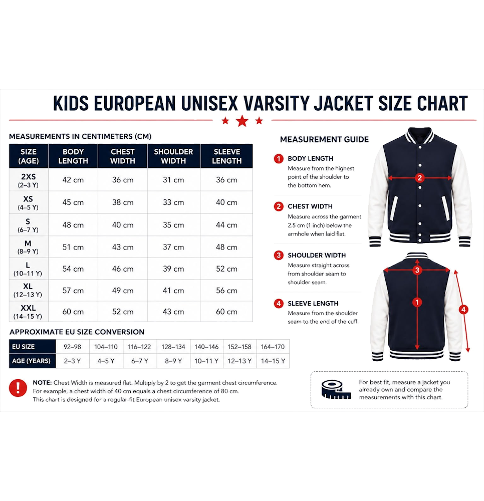 Varsity jacket maattabel voor kinderen