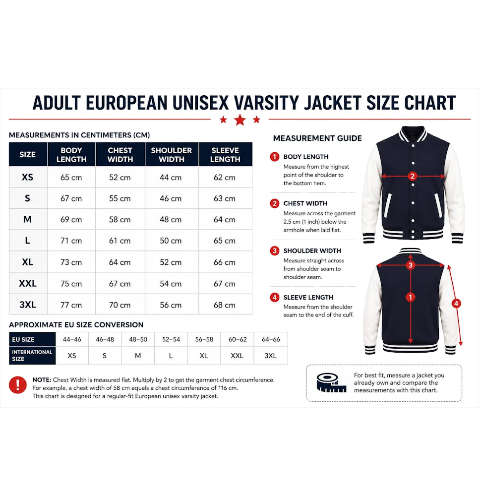 Varsity jacket maattabel voor volwassenen